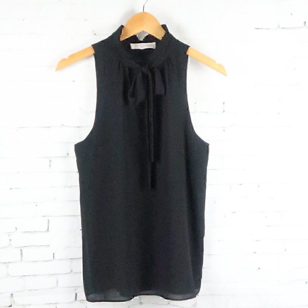 POPPY BLACK SLEEVELESS HIGH NECK WITH RUFFLE & TIE DETAIL TOP SIZE MEDIUM